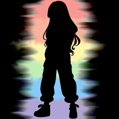 girl in baggy pants crop top and long hair