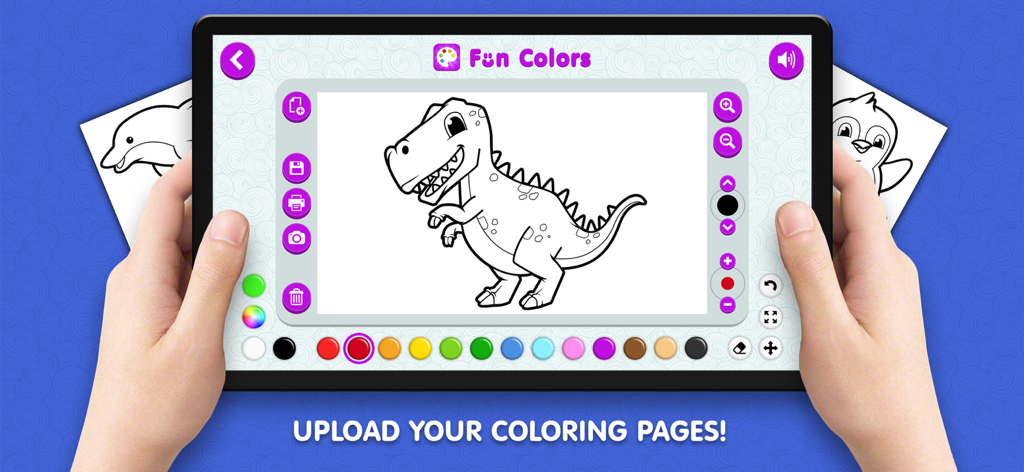 タブレットに表示されたFun Colorsアプリで、恐竜の線画とカスタム塗り絵をアップロードするオプションが表示されています。