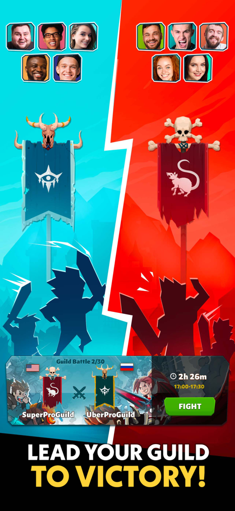 Slash & Roll: Dice Heroes - スラッシュアンドロールのギルドウォーズPvPバトルプロモーション画面、バナーとプレイヤーアバターとともに、2つのギルドが対戦している様子を示しています。