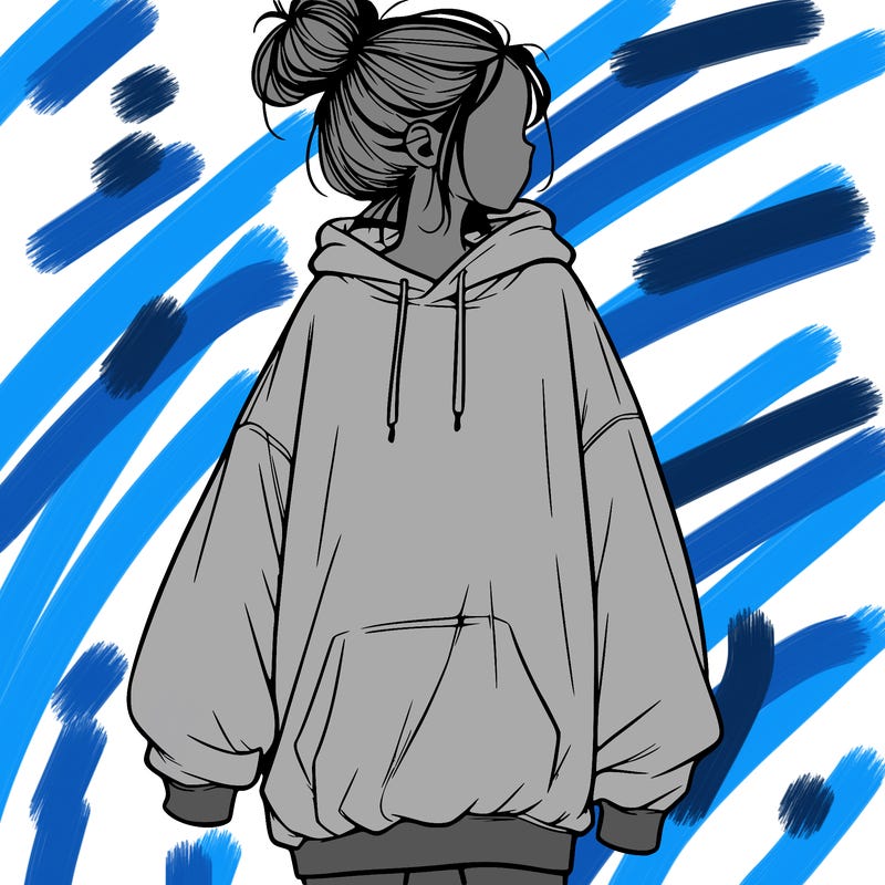 realistic girl with a oversized sweatshirt on and a bun