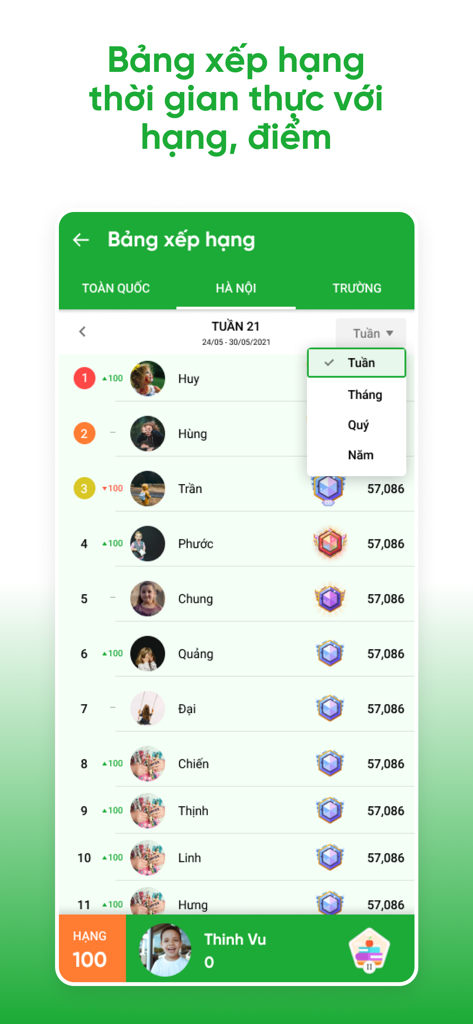 Easy Class app interface displaying a real-time leaderboard with student rankings and scores.