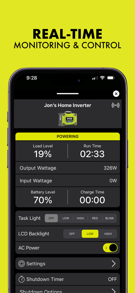 RYOBI - Ryobiアプリのダッシュボード、接続されたホームインバーターのリアルタイム監視と制御が表示されています