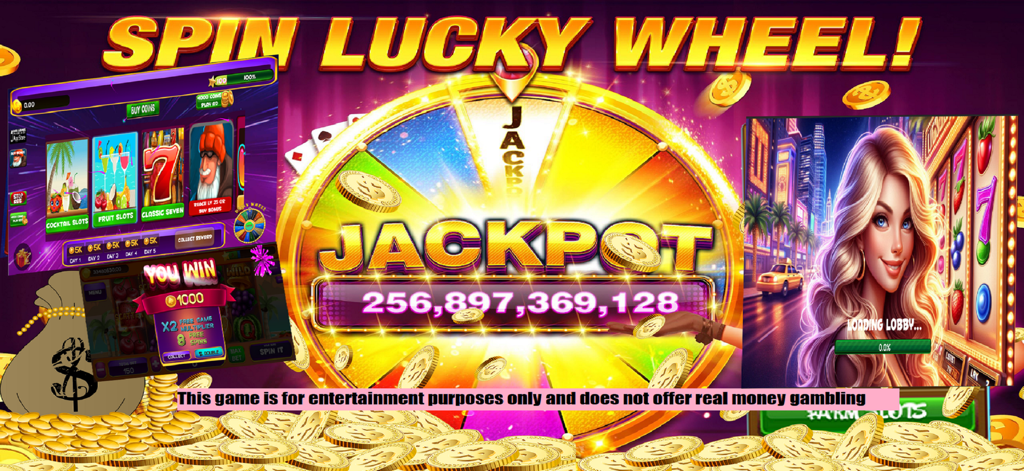 A vibrant promo image for Golden Club 777 featuring a large golden lucky wheel with a jackpot display and various slot machine themes.