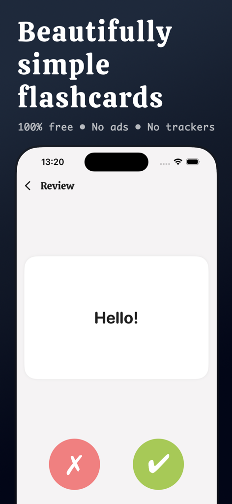 Ebbinghaus - A minimalist flashcard review screen in the Ebbinghaus app showing a card with the word Hello and buttons for correct or incorrect recall