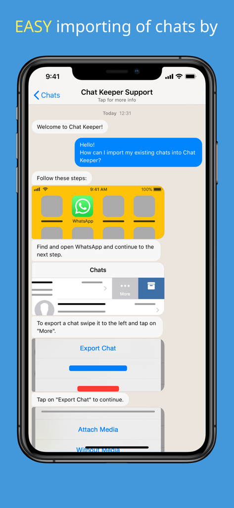 Chat Keeper - An iPhone displaying a step-by-step tutorial on how to import WhatsApp conversations into the Chat Keeper app