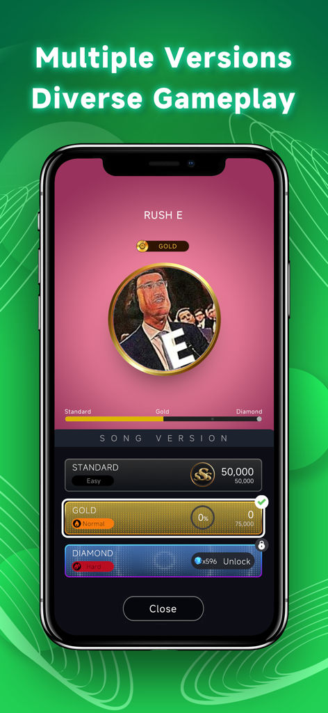 Hi Beatz - A mobile screen for Hi Beatz showing different song versions and difficulty levels for the track Rush E.