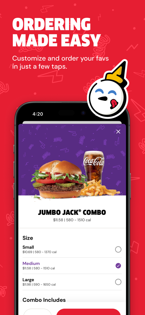Uma tela de smartphone do app Jack in the Box mostrando a página de pedido do Jumbo Jack Combo.