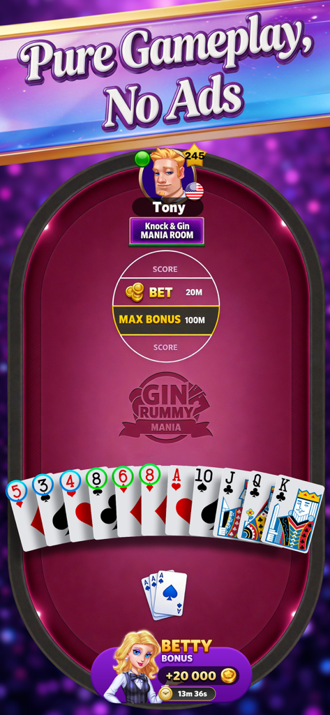 Gin Rummy Mania-No Ads,No Stop - Mobile gameplay of Gin Rummy Mania showing a card table with players Betty and Tony and a no ads headline.