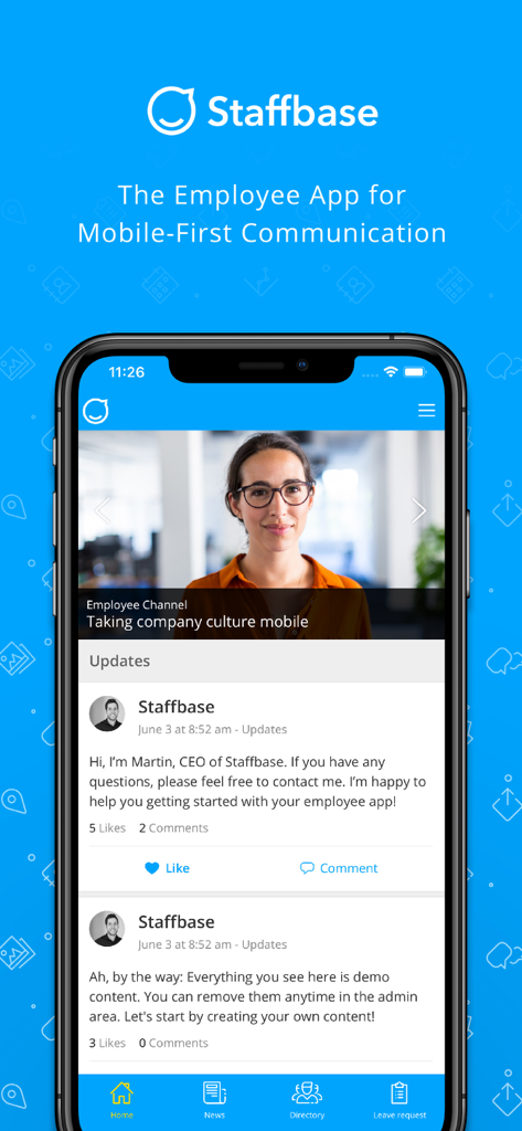 Staffbase Employee App - Vista móvil de la interfaz de la App de Empleados Staffbase mostrando noticias internas de la empresa y actualizaciones.
