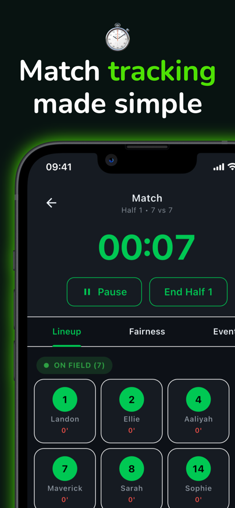 Koora Live - Interfaccia dell'app mobile per il tracciamento del tempo di partita di calcio e delle sostituzioni dei giocatori