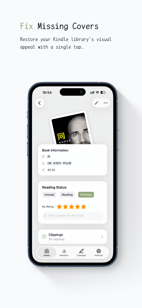 PagePop - Kindle Companion - PagePop app interface showing book details and the feature to fix missing Kindle covers