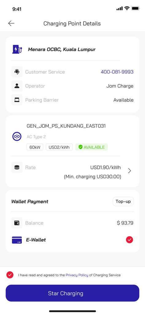 ZO Charge - Pantalla de la aplicación ZO Charge que muestra los detalles de la estación de carga de vehículos eléctricos y las opciones de pago de la billetera.
