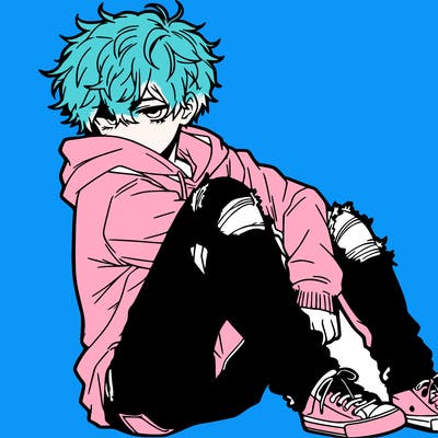 a male hoddie ripped jeans messy hair anime