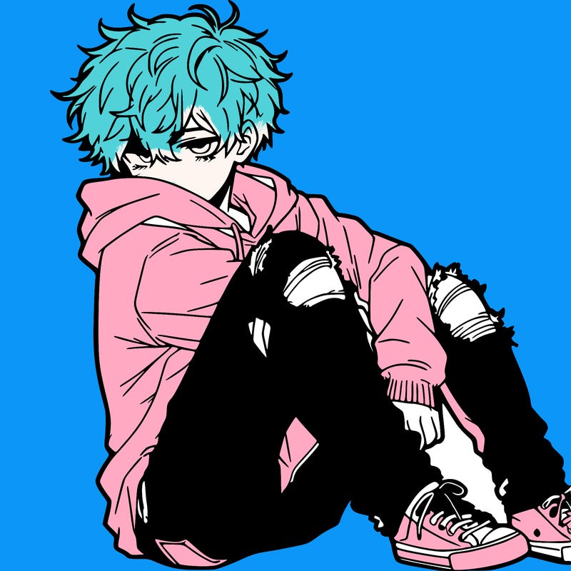 a male hoddie ripped jeans messy hair anime