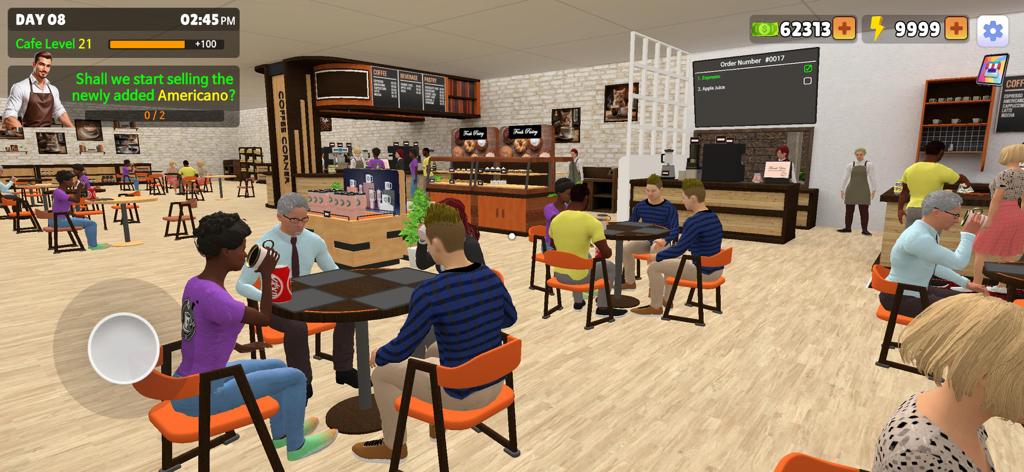 My Cafe Simulator - Um interior movimentado de cafeteria com clientes em mesas e funcionários atrás do balcão no My Cafe Simulator.