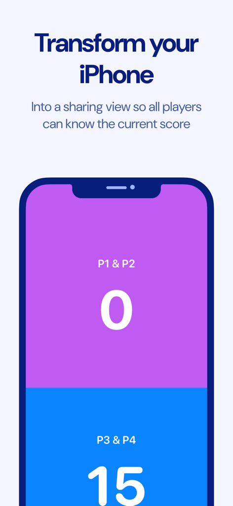 Padel Tally - Scoring Tracking - iPhone-Bildschirm mit der Padel Tally-Punktezähl-App im Freigabemodus mit einer lila und blauen Benutzeroberfläche, die Spielpunkte anzeigt