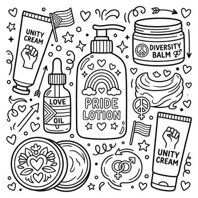 Immerse yourself in a world of self-care and celebration with this unique Pride Body Skincare coloring page. Discover beautifully designed lotions, balms, and oils, all adorned with symbols of love, unity, and diversity, perfect for honoring Pride Month.