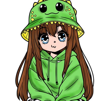 girl with anime shaped eyes with a dinosaur bucket hat oversized sweatshirt long straight hair