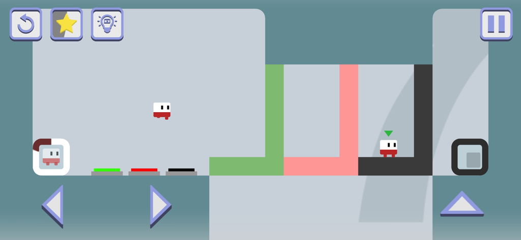 Minimalist gameplay of The Looper game showing a character and clone navigating a logic puzzle with colored obstacles.