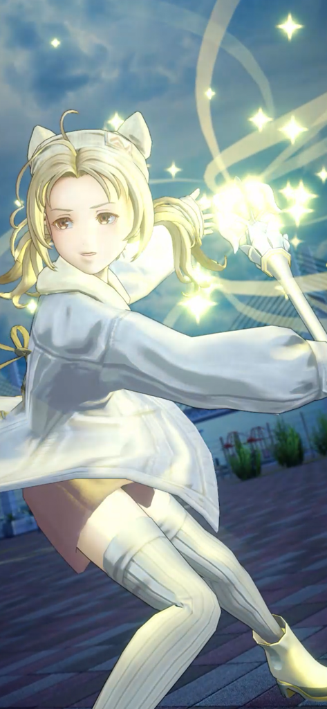 DISSIDIA DUELLUM FINAL FANTASY - Krile from Final Fantasy in a modern white hoodie with cat ears wielding a glowing staff in Tokyo