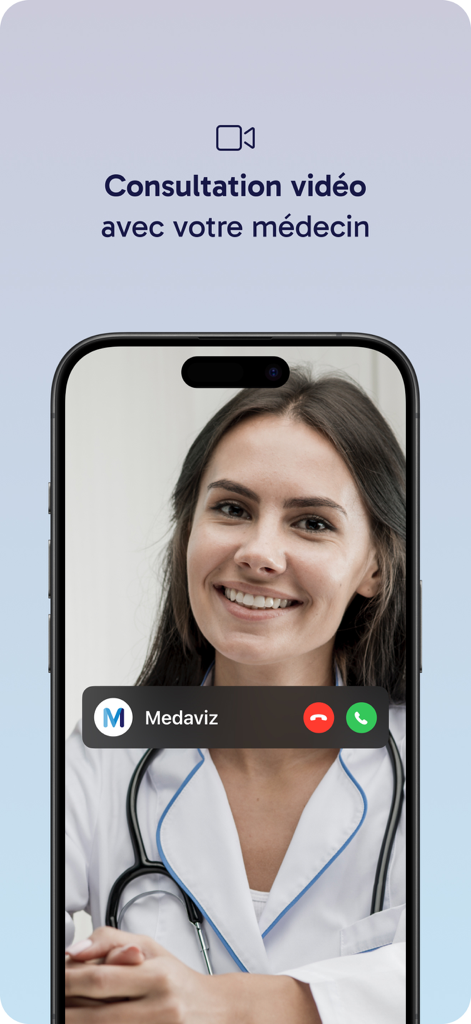 Schermata di uno smartphone che mostra una consultazione video con una dottoressa sull'app Medaviz.