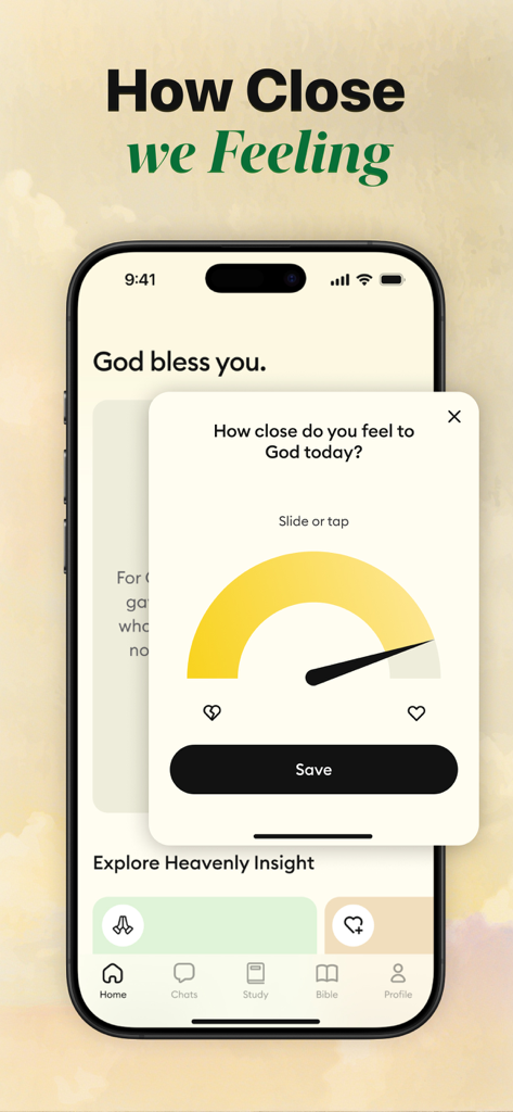 Holify: Bible Study & Chat - Holify app interface featuring a daily spiritual check-in prompt and reflection dial.