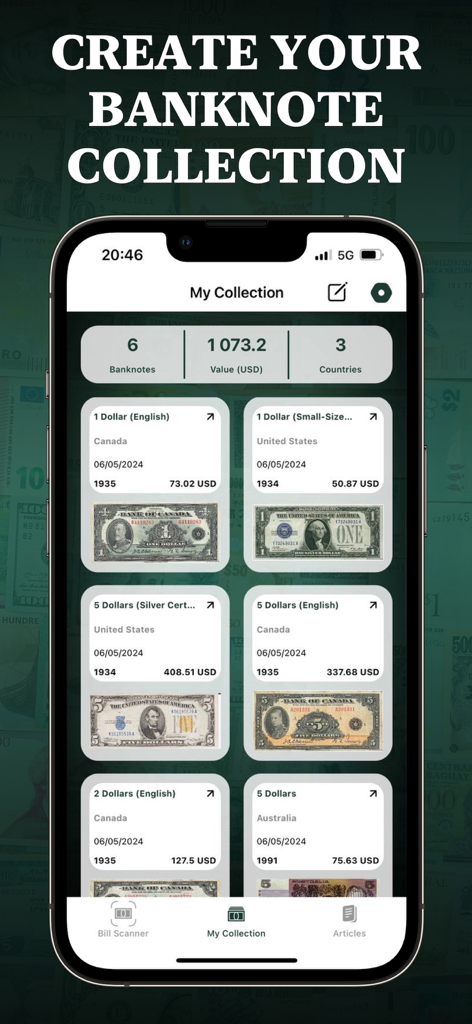 Dollar Bill Scanner - A smartphone screen showing a digital collection of identified banknotes with their total market value.