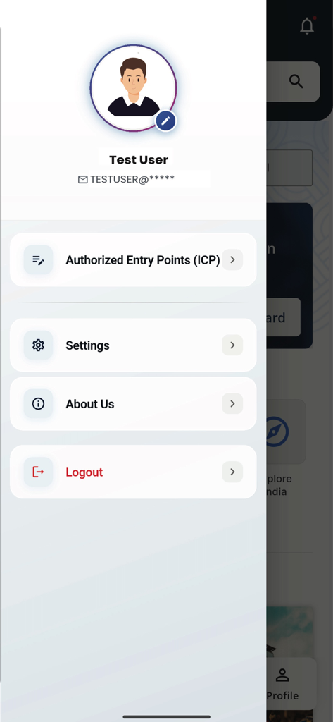 User profile and settings menu in the Indian Visa Su-Swagatam app featuring authorized entry points and account settings.