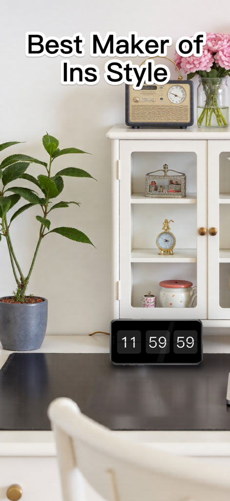 Digital Flip Clock Widgets - A digital flip clock widget displayed on a smartphone within a cozy aesthetic desk environment