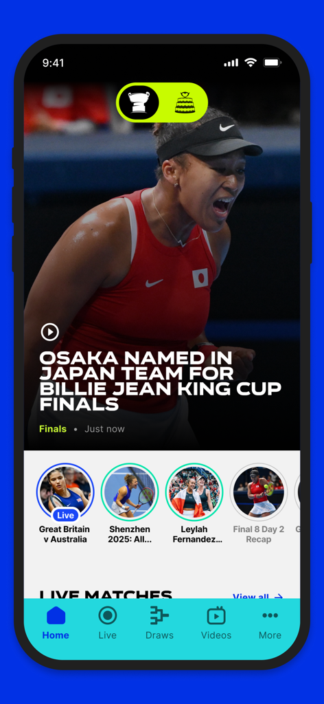 Davis Cup & BJK Cup - Davis Cup and BJK Cup app home screen featuring tennis news and match updates