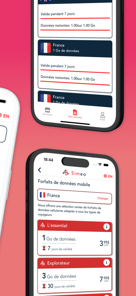 Simeo - eSIM de voyage - Simeo mobile app interface displaying international travel eSIM data plans and usage tracking