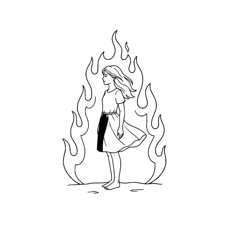 there is a fire but it's not so big but it's big but not too much and there is a girl standing in the middle