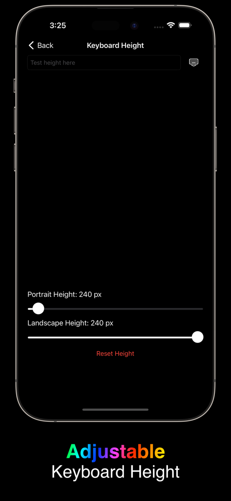 RGB Keyboard - A mobile app interface showing sliders to customize keyboard height for portrait and landscape modes