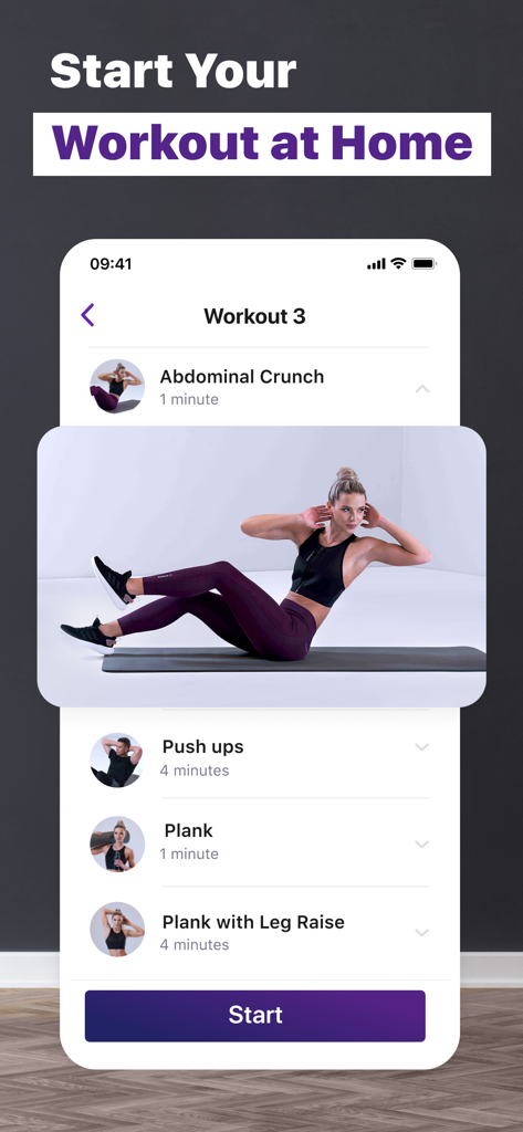 Interface de l'application Fitness Verv affichant une routine d'exercice d'abdominaux à domicile.