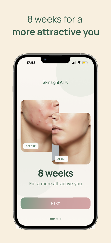 Skinsight AI: Korean Skincare - Skinsight AI app screenshot showing before and after skin transformation results over 8 weeks