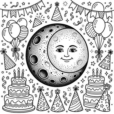 Embark on a cosmic celebration with this enchanting coloring page, blending the mystique of a dot work moon with the joyous spirit of a birthday party. Perfect for anyone looking to add a celestial sparkle to their festive coloring session.