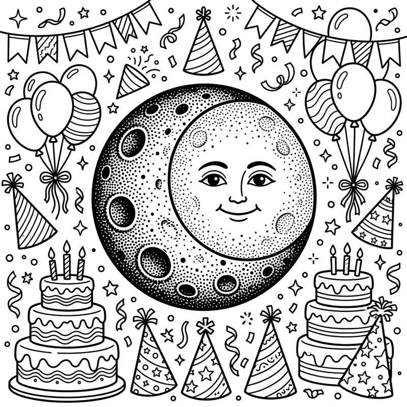 Embark on a cosmic celebration with this enchanting coloring page, blending the mystique of a dot work moon with the joyous spirit of a birthday party. Perfect for anyone looking to add a celestial sparkle to their festive coloring session.