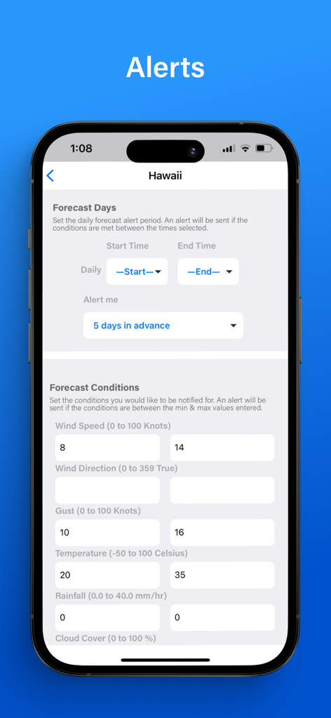 PredictWind — Marine Forecasts - PredictWind app interface for configuring marine weather alerts including wind speed and gust parameters