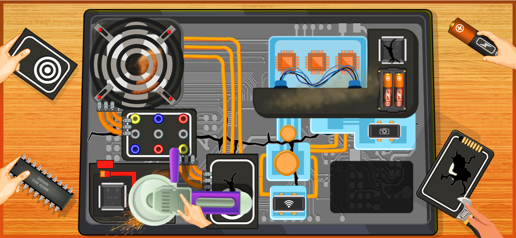 Electronics Repair Master - Jugabilidad de Electronics Repair Master que muestra manos reparando una placa de circuito rota con varias piezas electrónicas.