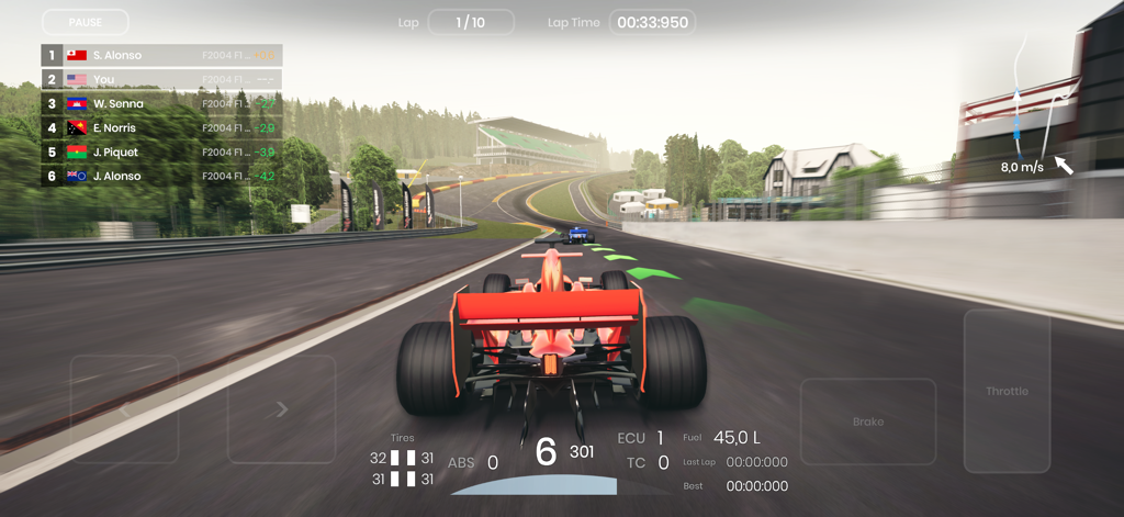 Third person gameplay of a red formula car in Gran Velocita featuring detailed telemetry and a realistic track environment