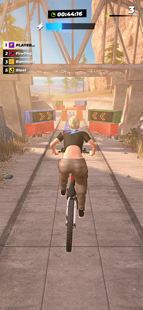 RUSH: Xtreme - A player riding a bike on a race track under a large steel bridge in RUSH Xtreme