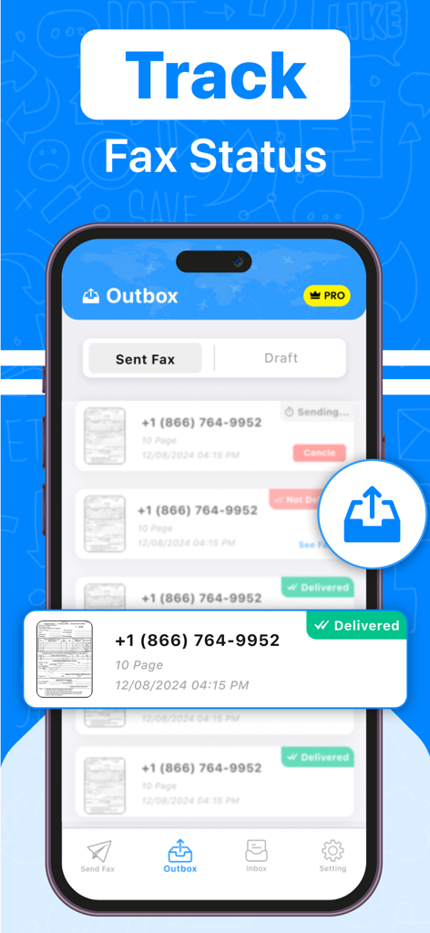 Fax From iPhone :Send iFax App - アプリから送信されたFAXのアウトボックスと配信ステータスを表示するスマートフォンの画面