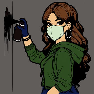 realistic girl with mask spray painting a wall