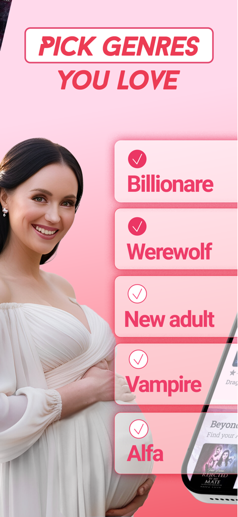 Lovella: Novels & Audiobooks - A woman in a white dress next to a list of romance novel genres including Billionaire, Werewolf, and Vampire in the Lovella app.