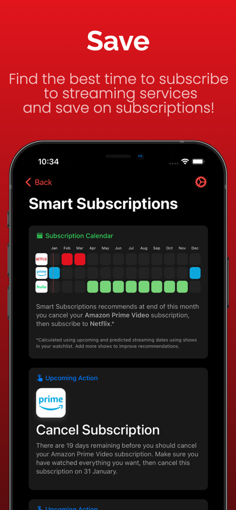 Originals for Netflix - Uma tela mostrando o recurso de Assinaturas Inteligentes com um calendário e recomendação para cancelar o Prime Video e assinar a Netflix