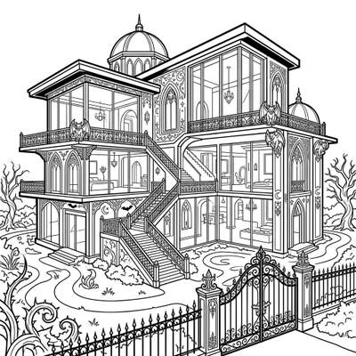 Step into a world where modern luxury meets gothic mystery with this stunning mansion coloring page. Featuring elaborate details and grand architecture, it promises an engaging creative challenge.
