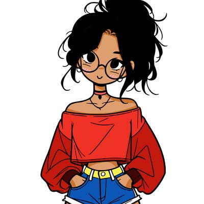 girl with a messy ponytail glasses a baggy crop top and jean shorts