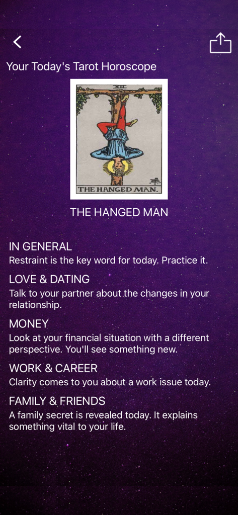 Daily Tarot Card app interface showing a reading for The Hanged Man with insights for love money and career