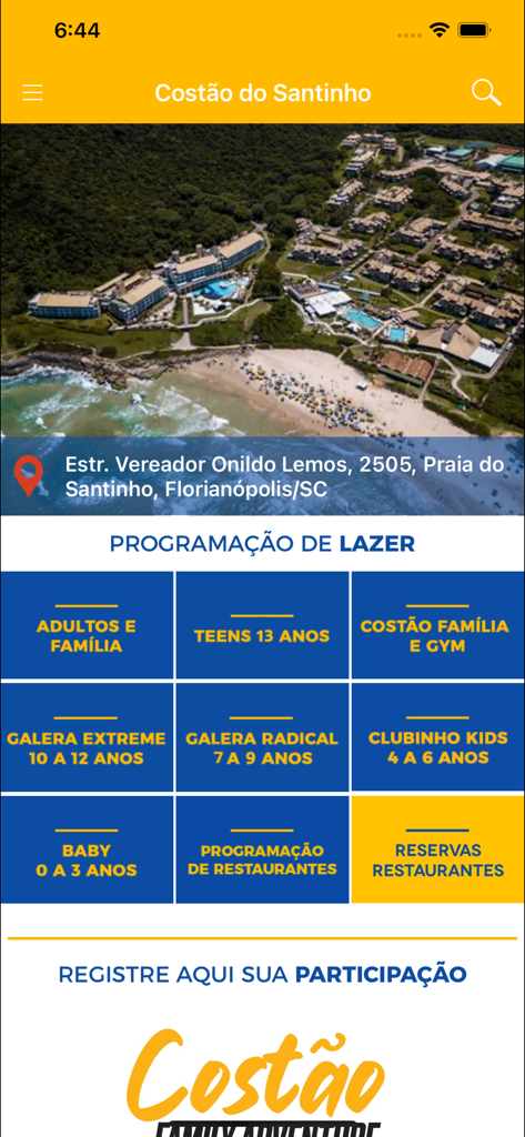 Interface de agendamento de lazer do aplicativo Costao Santinho Resort com categorias para crianças, adolescentes e adultos