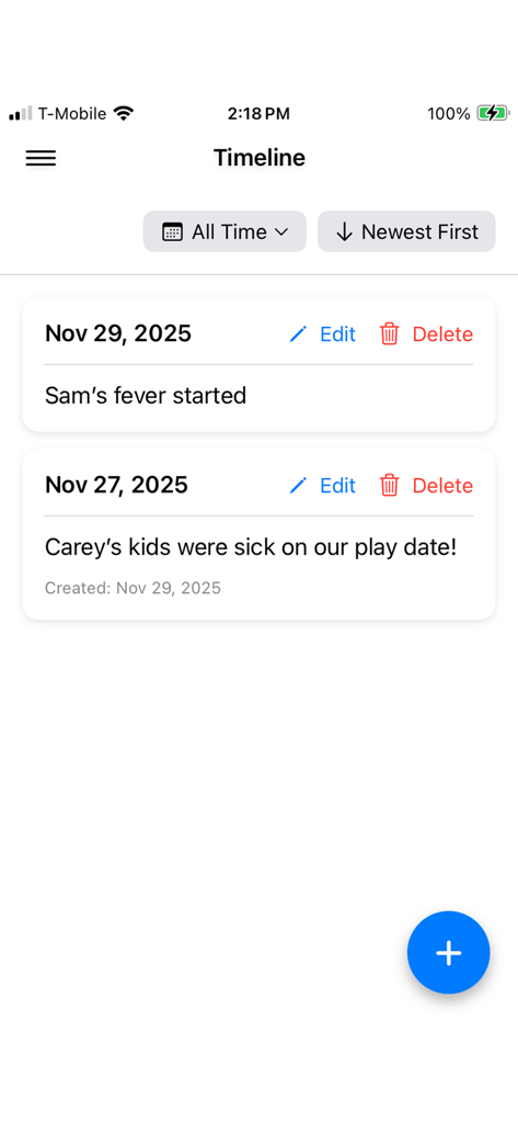 MamaMed - A screenshot of the MamaMed app timeline showing chronological entries for a childs fever onset and contact with sick children.